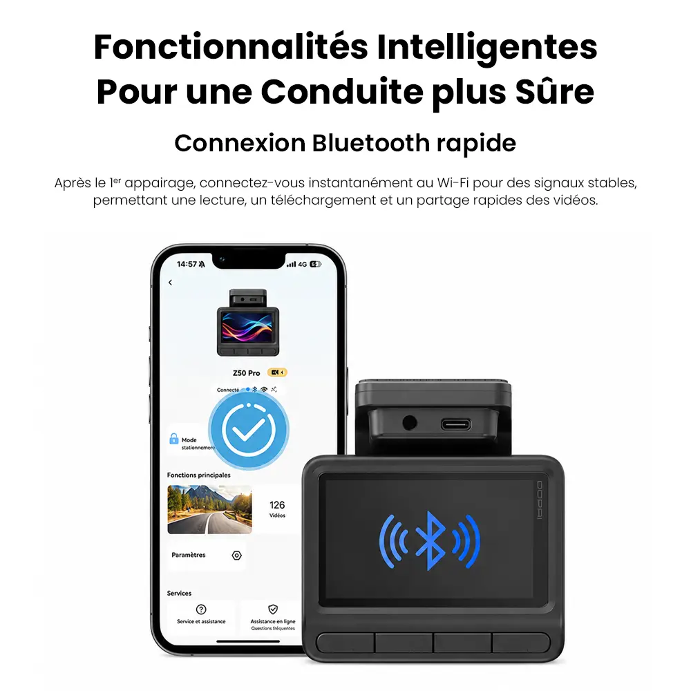 Connexion Bluetooth rapide et transfert WiFi entre un mobile et la DDPAI Z50 Pro.