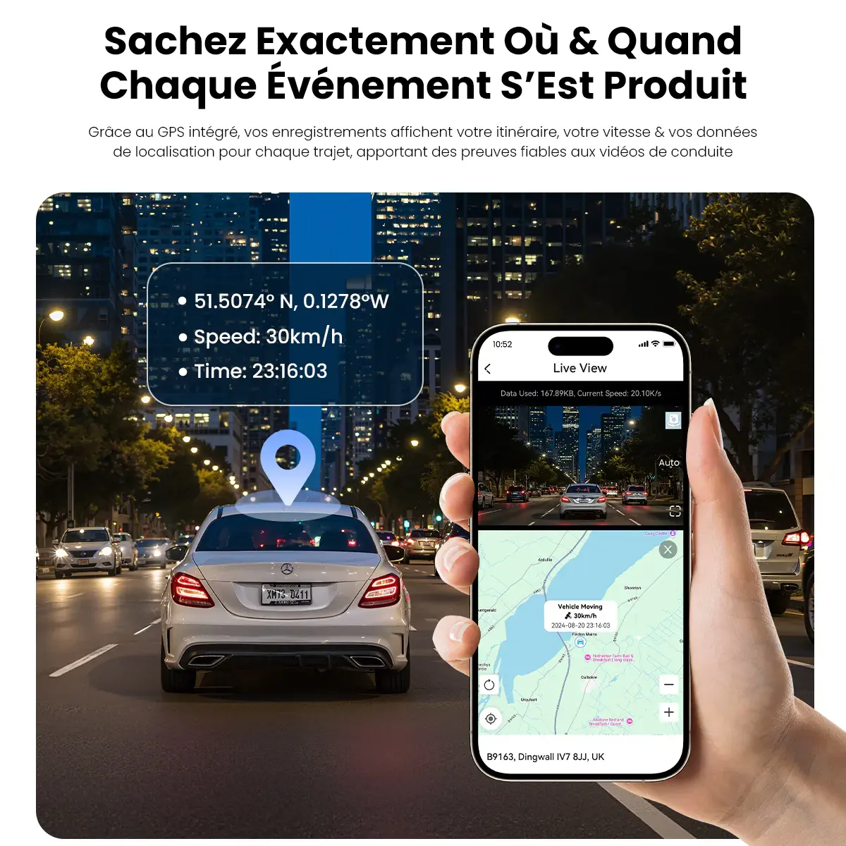 Suivi GPS et vidéo en direct à distance sur l'application de la DDPAI Z50 Pro.