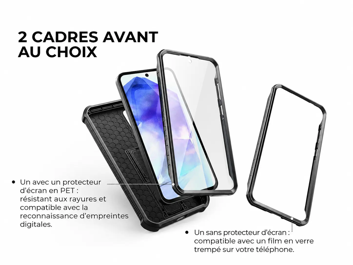 Coque DEXNOR Adventure Galaxy A55 avec deux cadres avant interchangeables, dont un avec protection PET