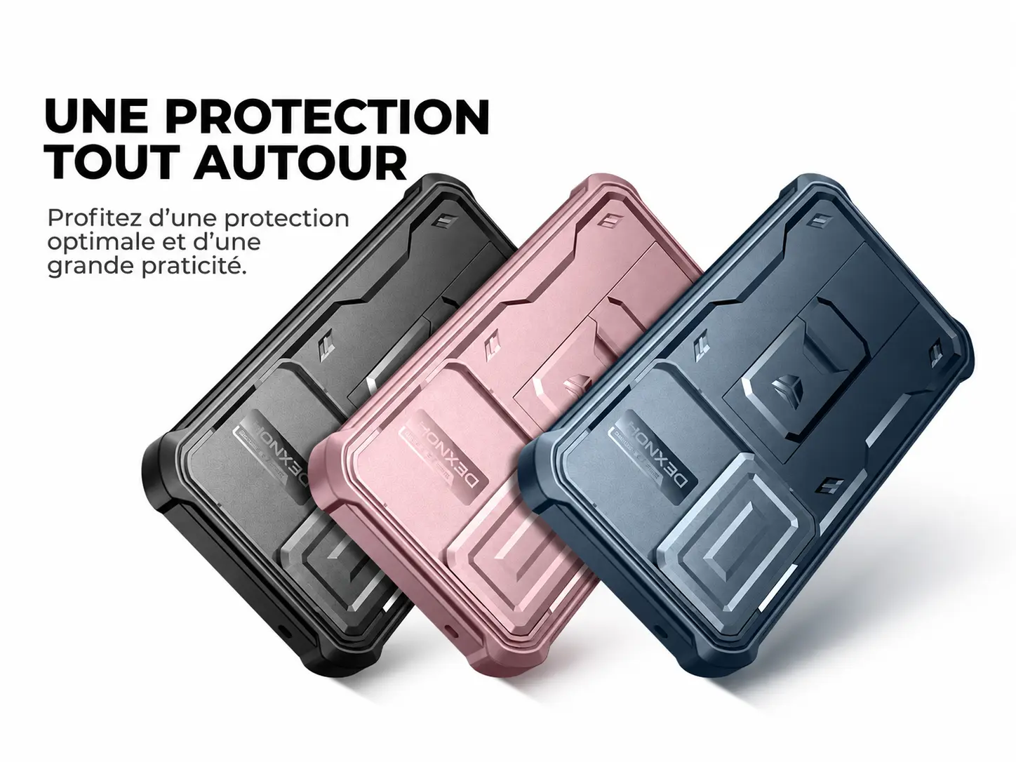 Coques DEXNOR Adventure pour Galaxy A55 en noir, rose et bleu