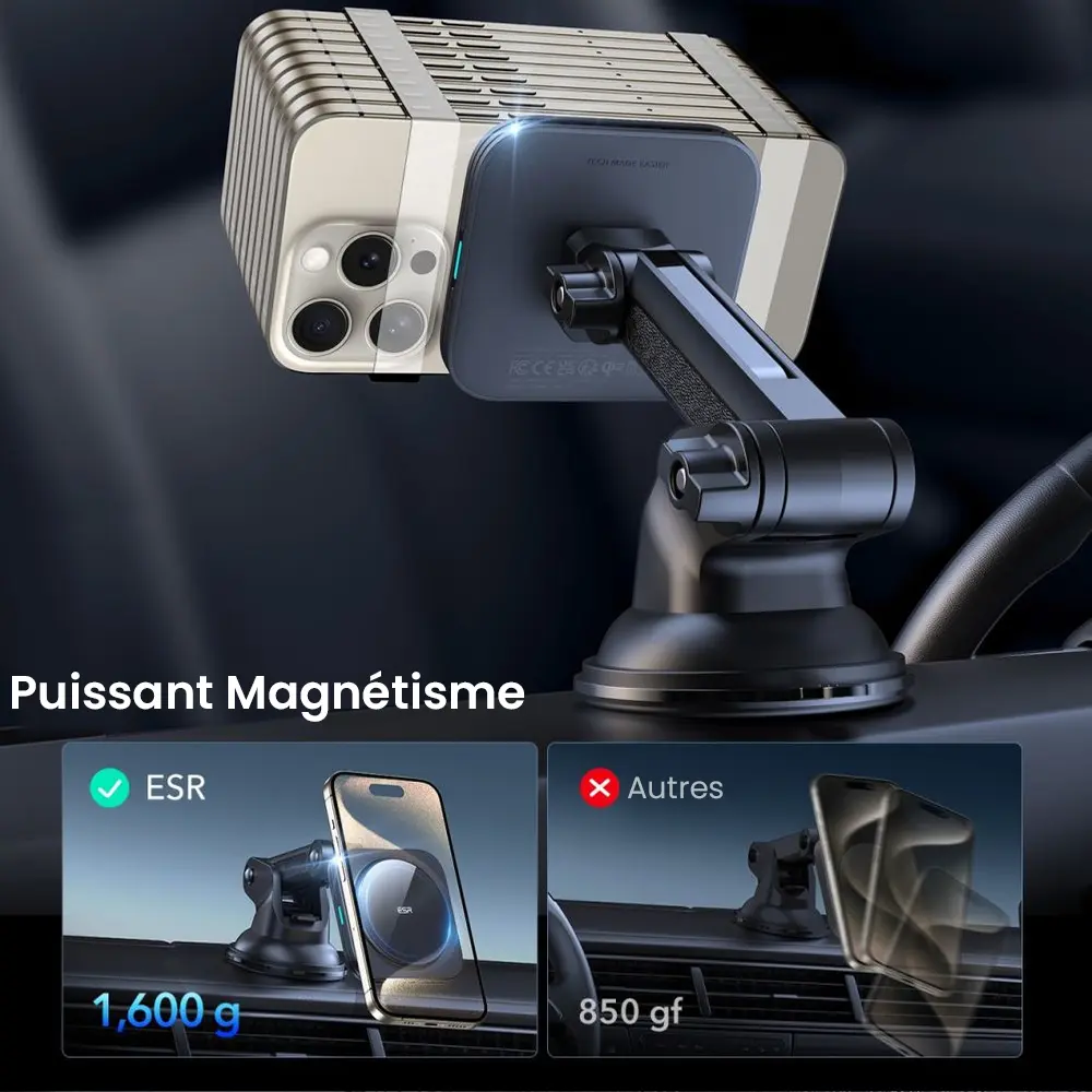 Support voiture ESR HaloLock Qi2 aimants puissants 1600g maintien sécurisé