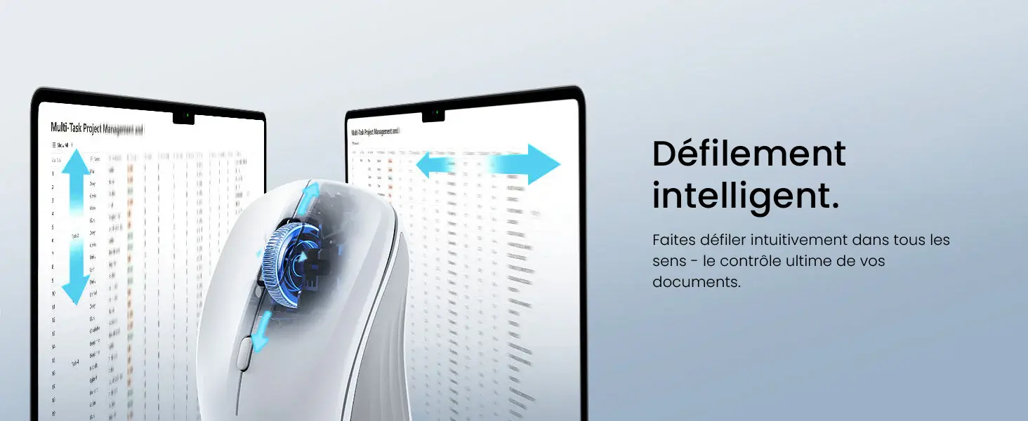 Infographie sur les fonctionnalités de la souris sans fil ESR MagMouse intitulée Défilement intelligent. Vue transparente en transparence sur le mécanisme de la molette de défilement multidirectionnelle. Des flèches illustrent la possibilité de faire défiler intuitivement les documents et grands tableaux de données dans tous les sens, verticalement et horizontalement.