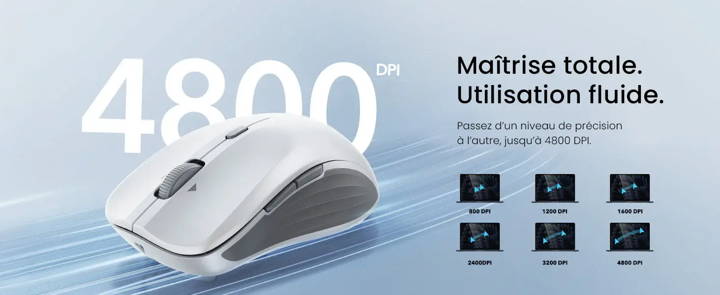 Infographie sur la sensibilité du capteur optique de la souris sans fer ESR MagMouse intitulée Maîtrise totale. Utilisation fluide. Gros plan sur le modèle blanc affichant la résolution maximale de 4800 DPI. Détail des 6 niveaux de précision réglables illustrés sur des écrans d'ordinateurs : 800 DPI, 1200 DPI, 1600 DPI, 2400 DPI, 3200 DPI et 4800 DPI.