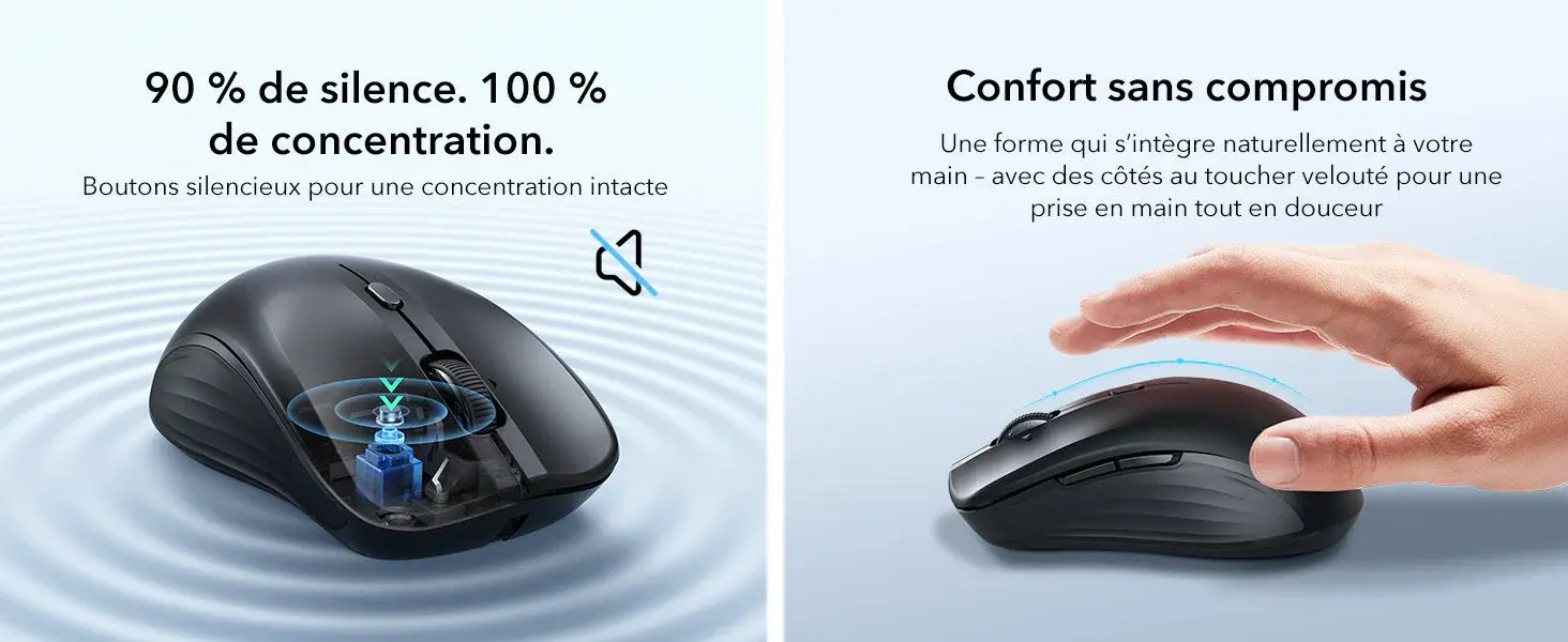 Infographie sur le confort et le silence de la souris sans fil ESR MagMouse. Partie gauche : illustration des boutons silencieux atténuant le bruit des clics à 90% pour une concentration totale. Partie droite : démonstration de la prise en main ergonomique et confortable avec une forme naturelle et des côtés au toucher velouté soft-touch.