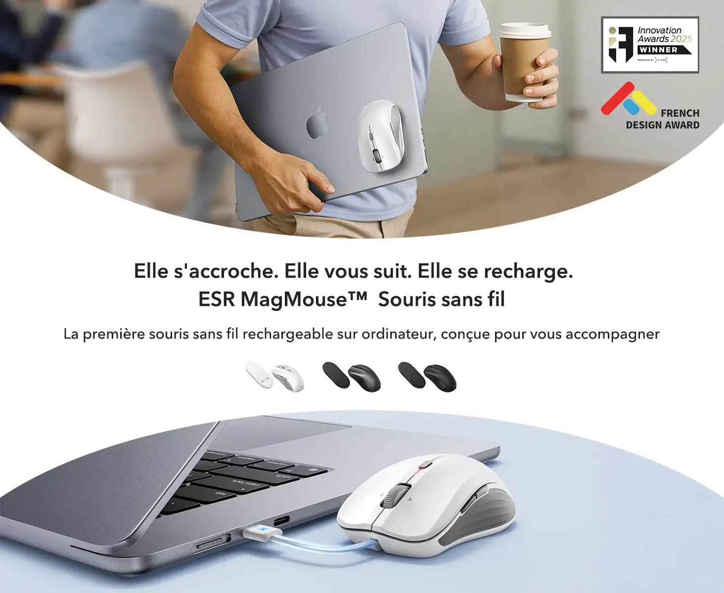 Souris sans fil ESR MagMouse primée aux Innovation Awards 2025 et French Design Award. Elle s'accroche, elle vous suit, elle se recharge. La première souris sans fil rechargeable sur ordinateur, conçue pour vous accompagner. Visuel de la souris magnétique blanche en cours de charge via son câble USB-C intégré branché sur un ordinateur portable.