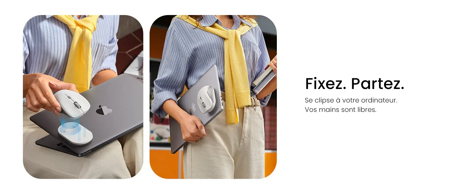 Démonstration du système d'attache : une main pose la souris blanche sur une base magnétique fixée au dos d'un ordinateur portable ouvert. À côté, une personne porte l'ordinateur fermé, souris magnétique attachée, pour un déplacement facile, mains libres.