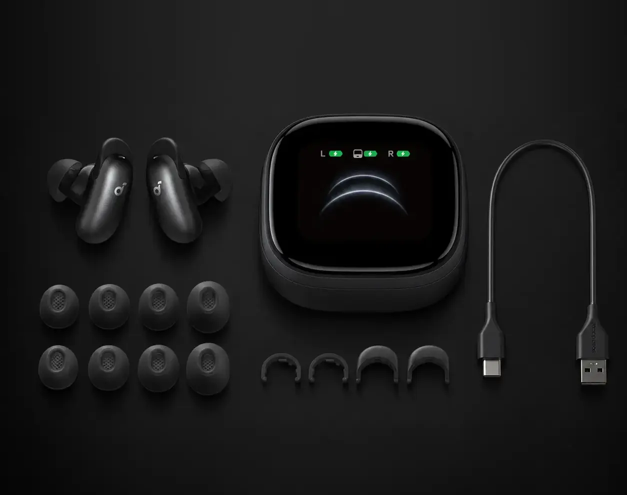 Vue agrandie du contenu de la boîte des soundcore Liberty 5 Pro Max