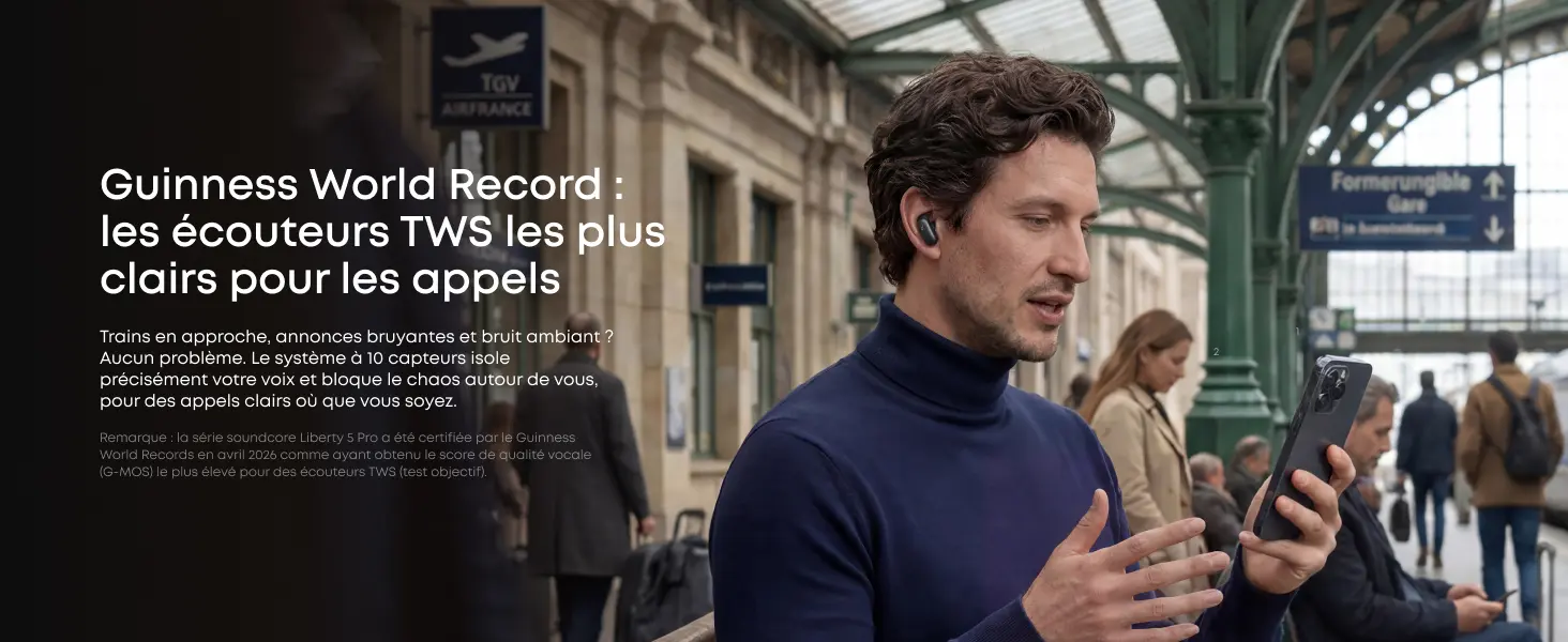 Appels clairs avec les écouteurs soundcore Liberty 5 Pro dans un environnement bruyant
