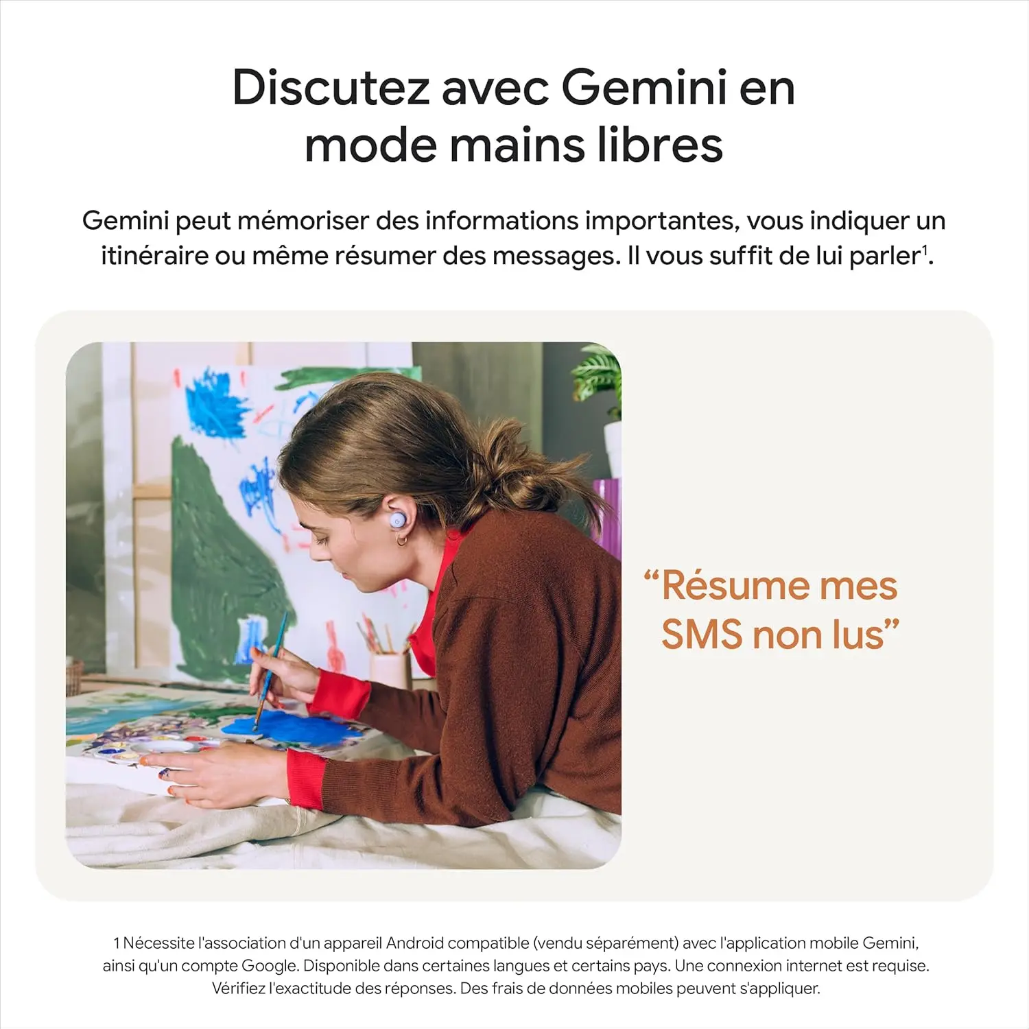 Écouteurs Google Pixel Buds 2a : Interaction mains libres avec l'assistant IA Gemini pour résumer les messages et indiquer un itinéraire.