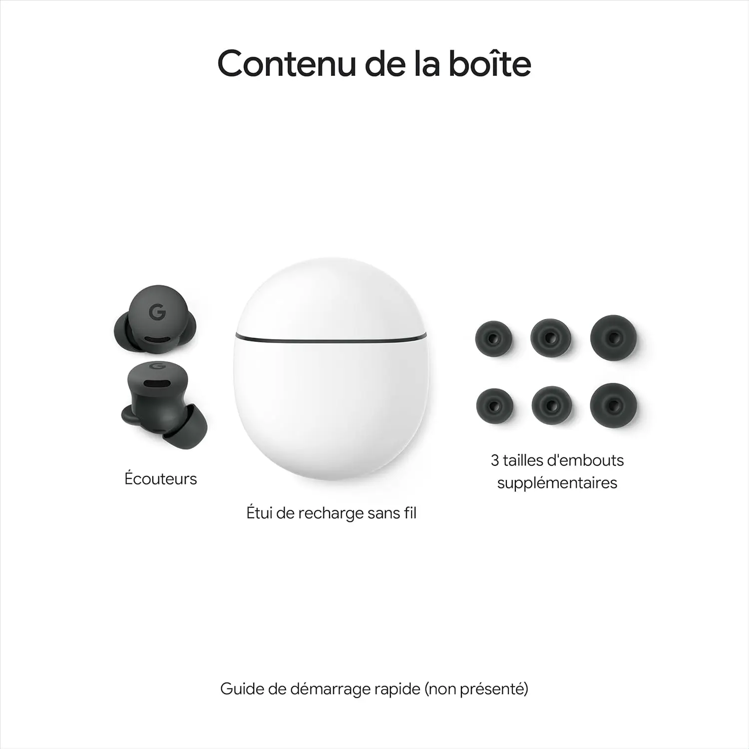 Écouteurs Google Pixel Buds 2a : Contenu de la boîte incluant les écouteurs, l'étui de recharge sans fil et les 3 tailles d'embouts supplémentaires.