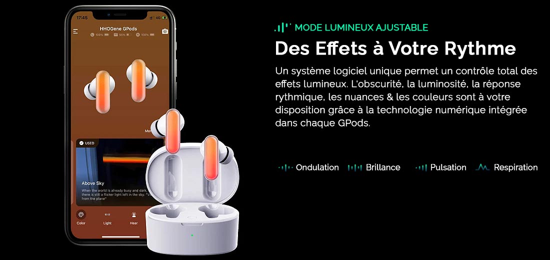 Écouteurs Bluetooth HHOGENE Gpods avec Effets Lumineux RVB Ajustables
