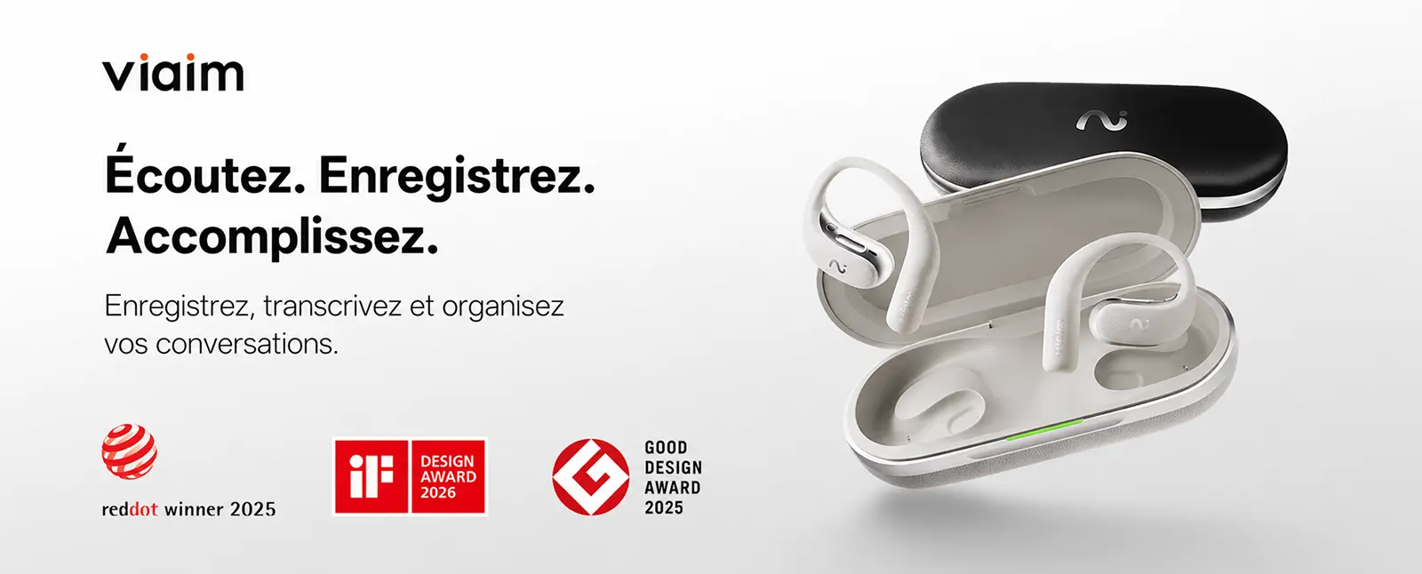 Écoutez, enregistrez et accomplissez avec les écouteurs intelligents VIAIM OpenNote AI récompensés par Red Dot, iF Design et Good Design Awards
