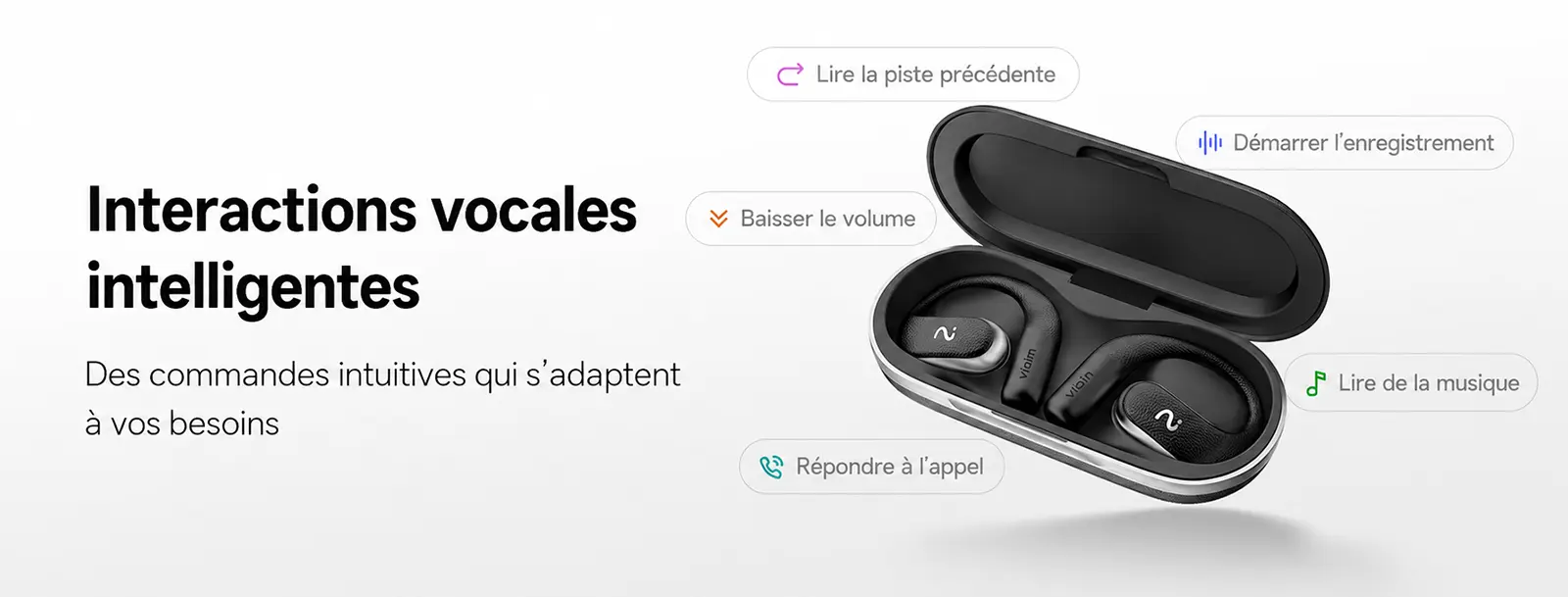 Interactions vocales intelligentes et commandes intuitives pour gérer la musique, le volume, les appels et l'enregistrement
