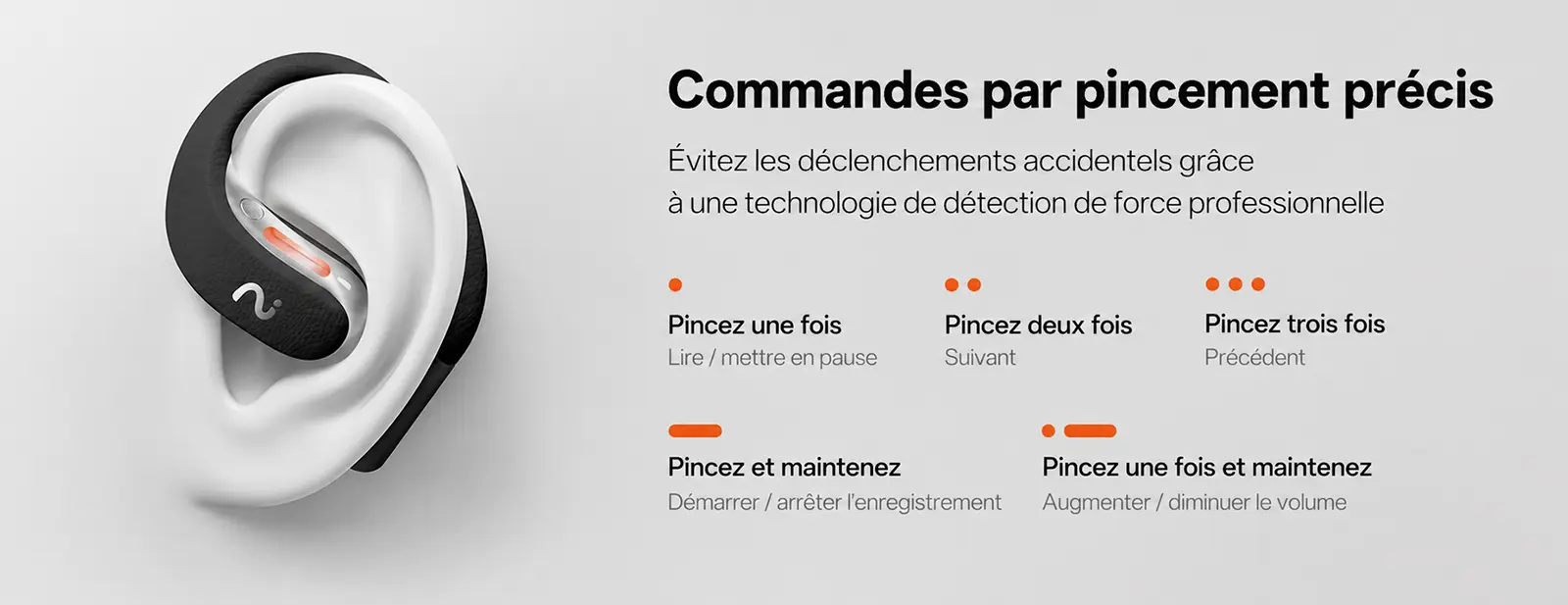 Commandes tactiles par pincement précis avec technologie de détection de force pour éviter les déclenchements accidentels