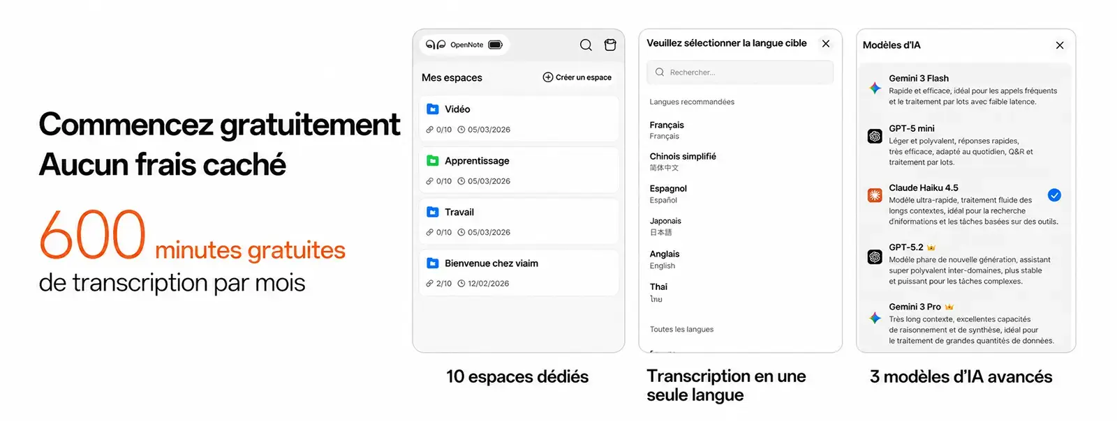 Interface de gestion des enregistrements et historique des notes vocales dans l'application mobile VIAIM