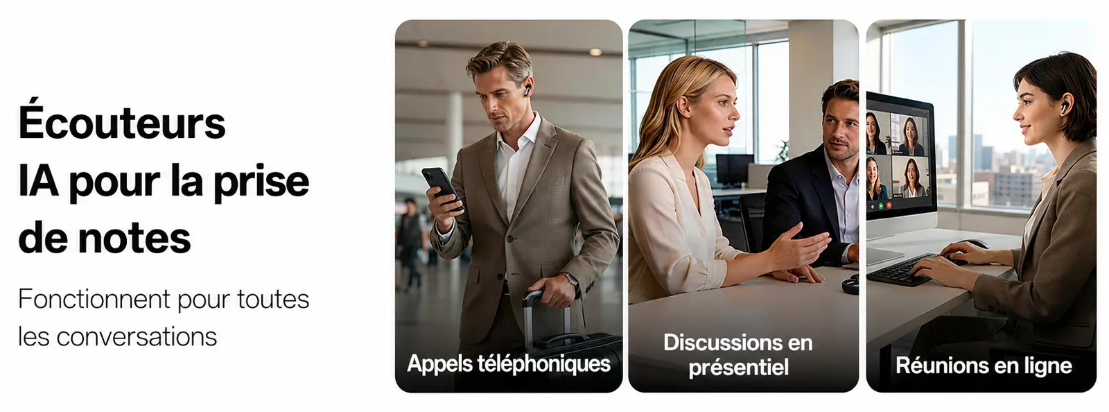 Écouteurs IA pour la prise de notes adaptés aux appels téléphoniques, discussions en présentiel et réunions en ligne