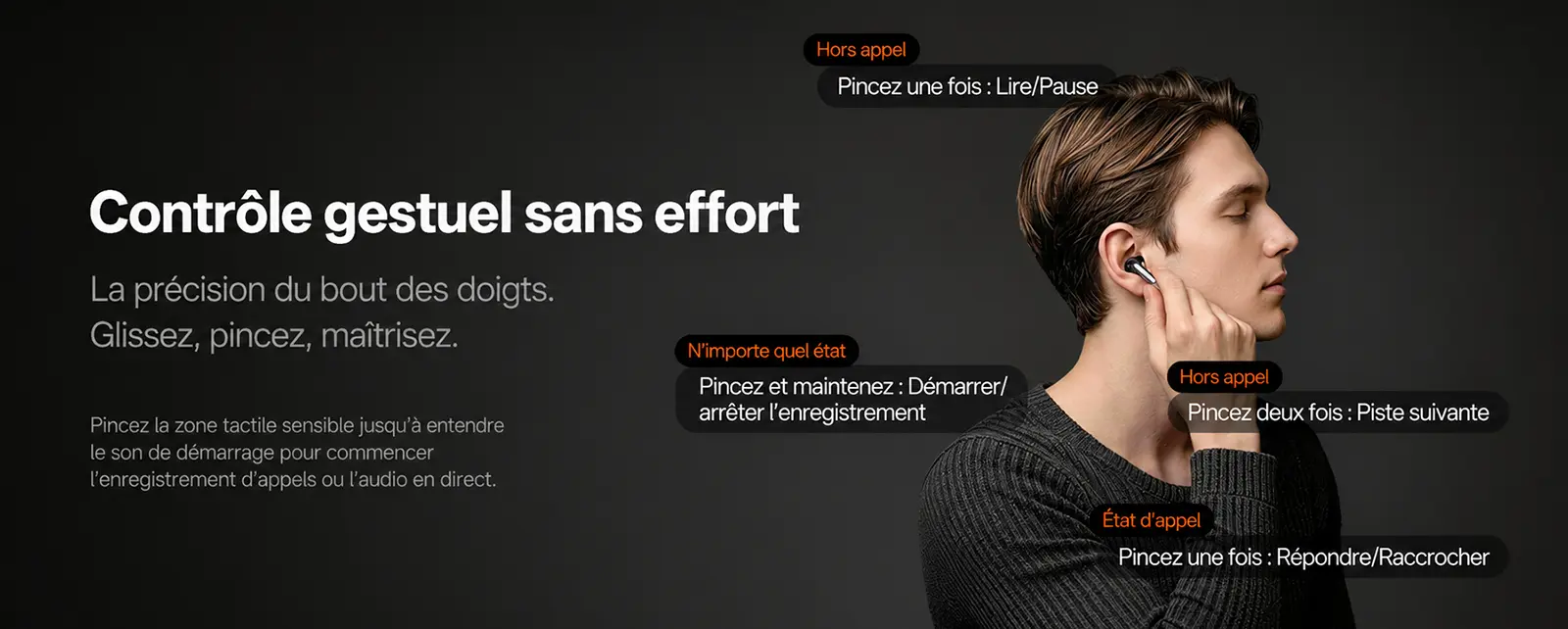Contrôle gestuel sans effort par pression tactile pour gérer les appels, la musique et l'enregistrement