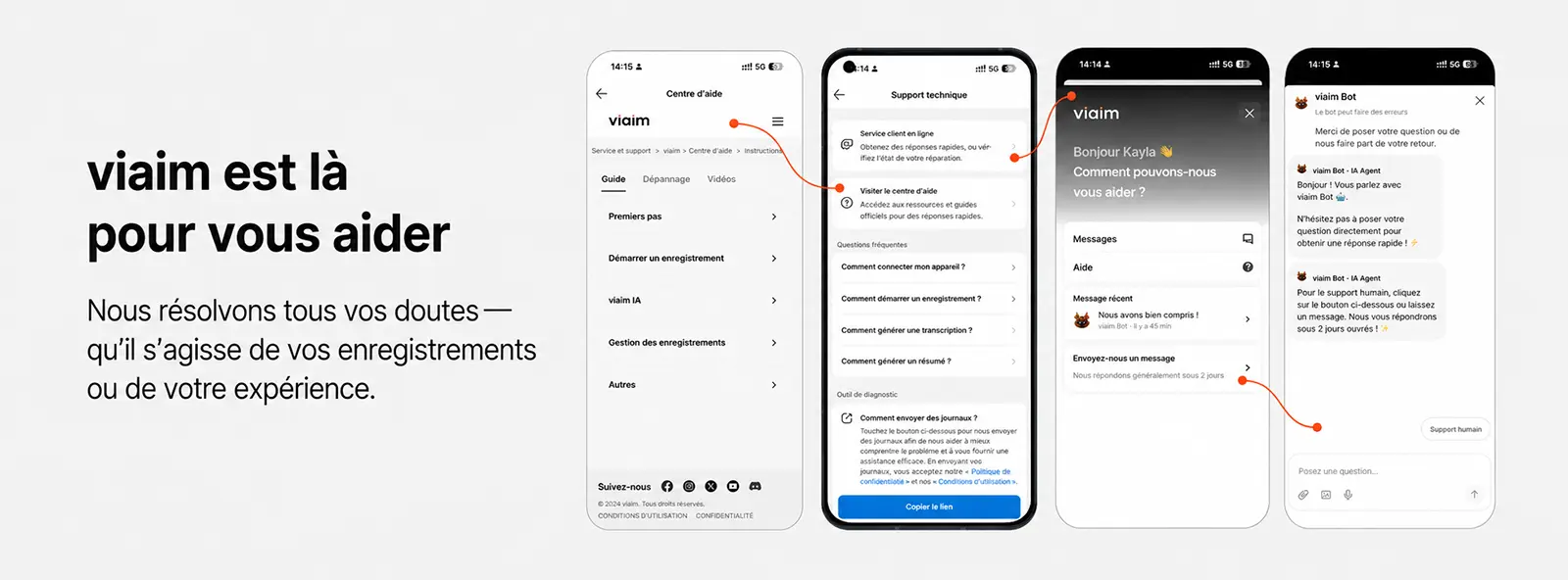 Assistance et support technique intégrés dans l'application VIAIM avec centre d'aide et bot IA