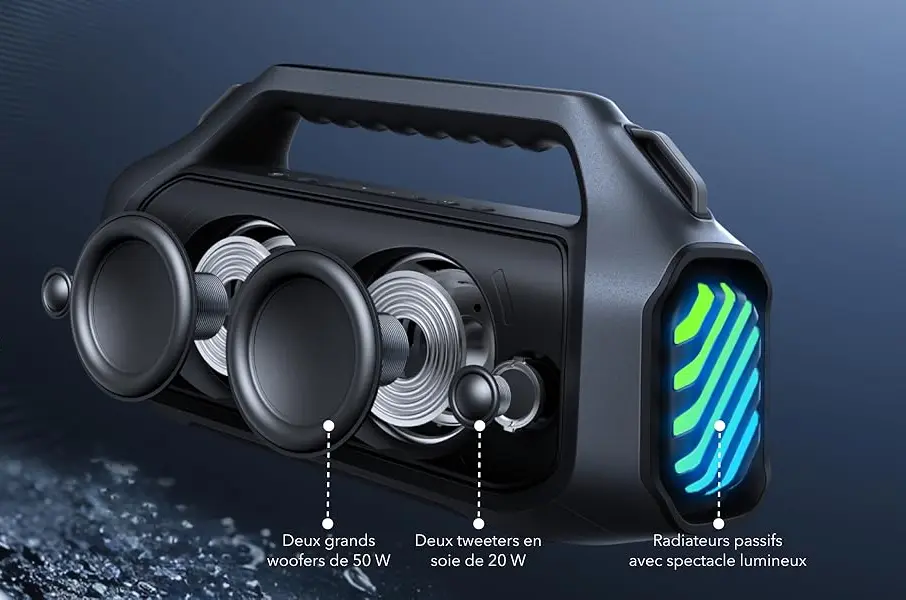 Enceinte SoundCore Boom 2 Pro avec double woofer 50W et double tweeter 20W pour un son puissant et détaillé