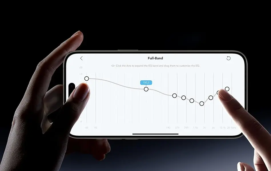 Application SoundCore avec égaliseur audio permettant de personnaliser les basses, médiums et aigus en temps réel