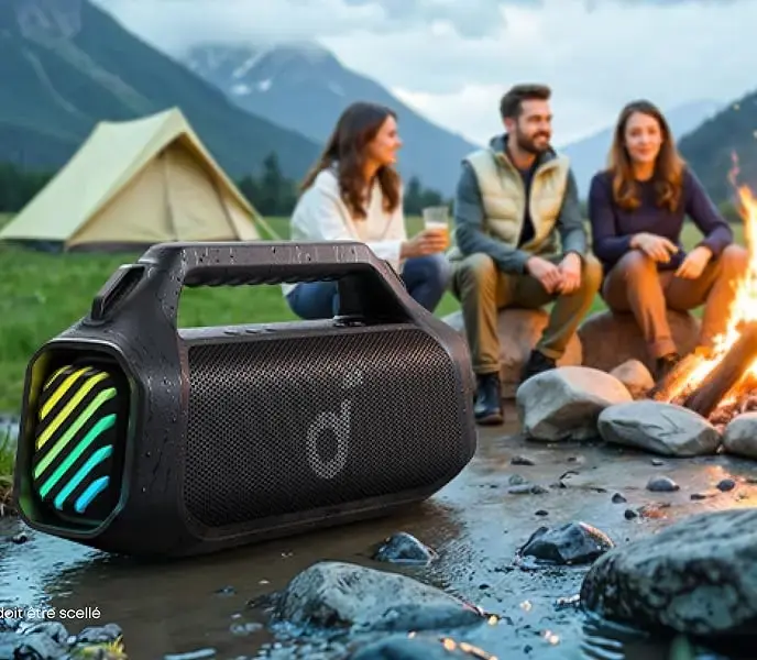 Enceinte SoundCore Boom 2 Pro résistante IP68 utilisée en extérieur près d’un feu de camp en montagne