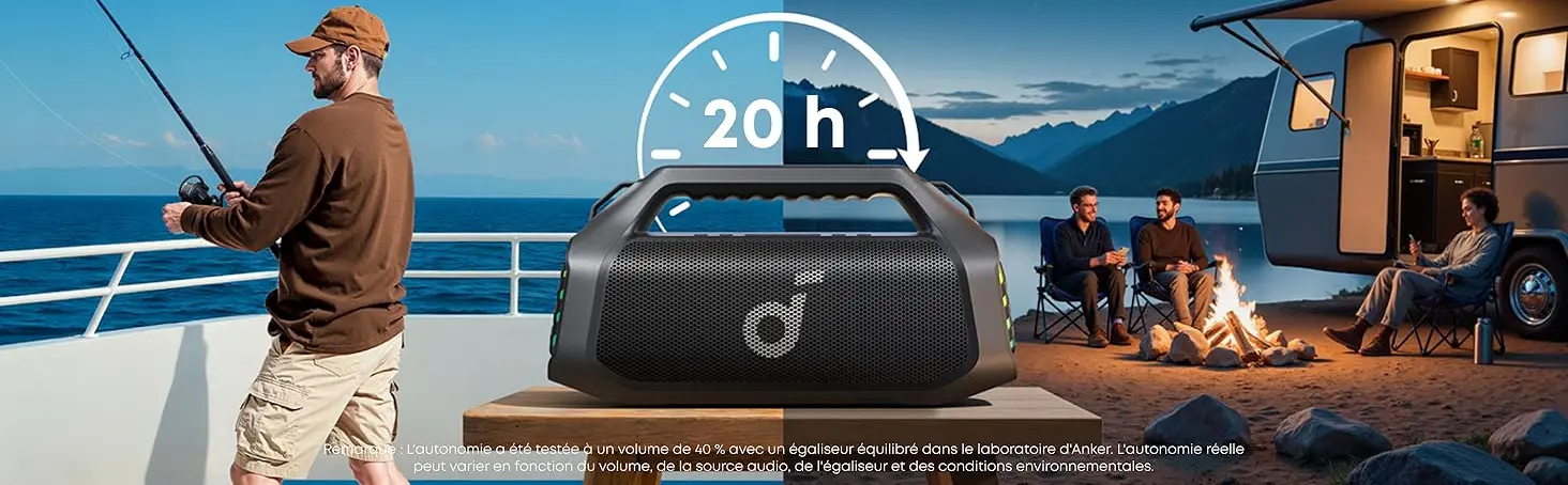 Enceinte SoundCore Boom 2 Pro avec autonomie de 20 heures utilisée en extérieur jour et nuit