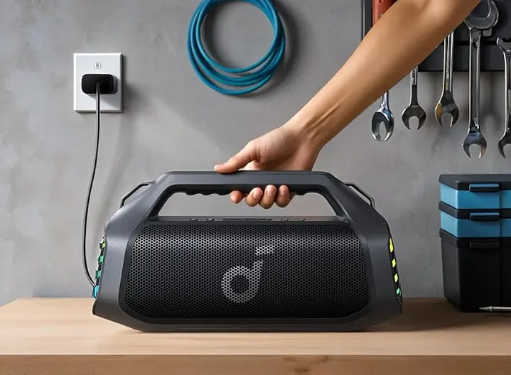 Enceinte SoundCore Boom 2 Pro en cours de recharge rapide 30W sur une prise murale