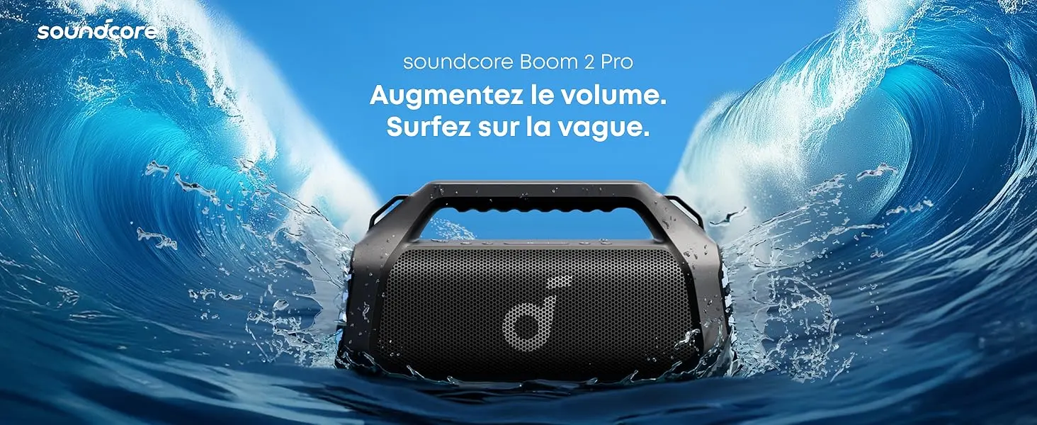 Enceinte Bluetooth SoundCore Boom 2 Pro avec éclairage RGB en utilisation outdoor