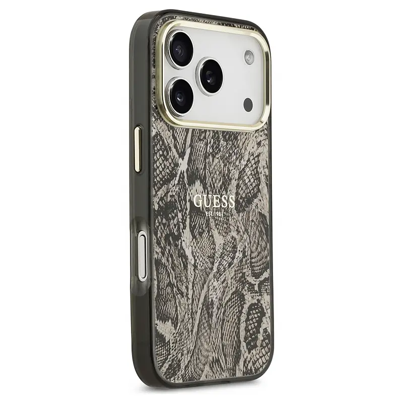 Coque MagSafe GUESS Python marron pour iPhone 17 Pro Max, vue latérale et arrière.