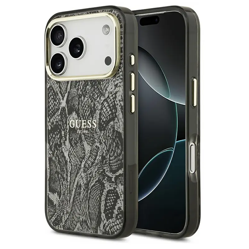 Coque MagSafe GUESS Python noir pour iPhone 17 Pro Max, vue avant et arrière.