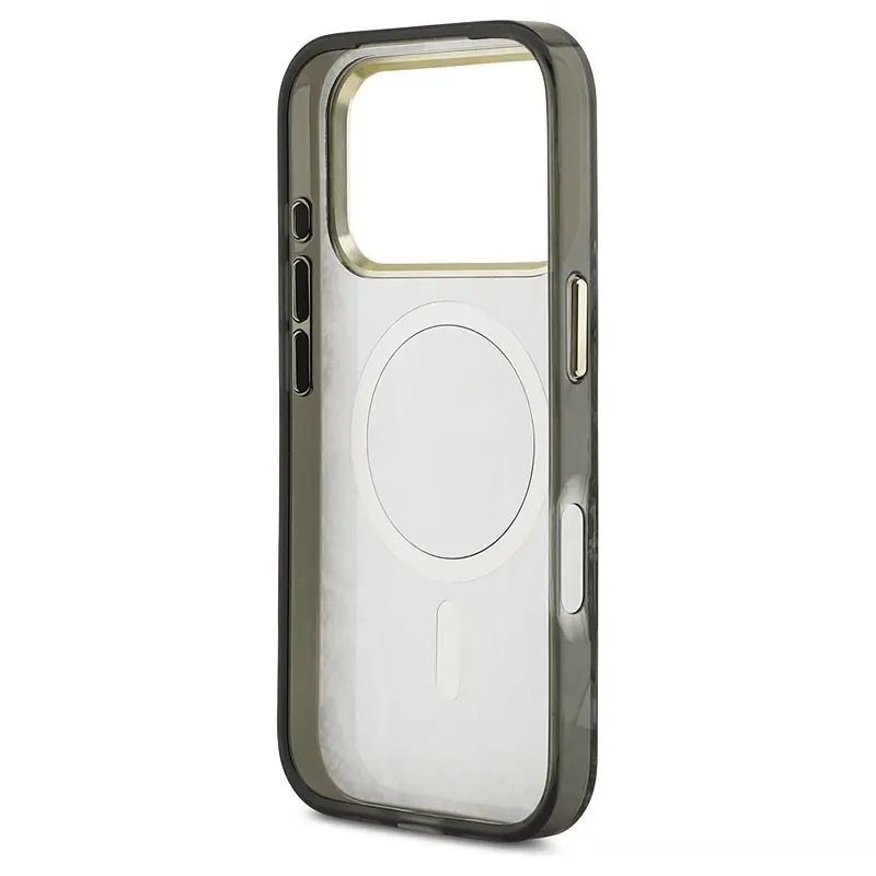 Coque MagSafe GUESS Python marron pour iPhone 17 Pro Max, vue intérieure avec cercle aimanté.