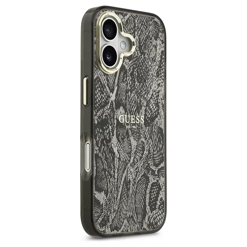 Coque MagSafe GUESS Python marron pour iPhone 17 vue latérale et arrière.
