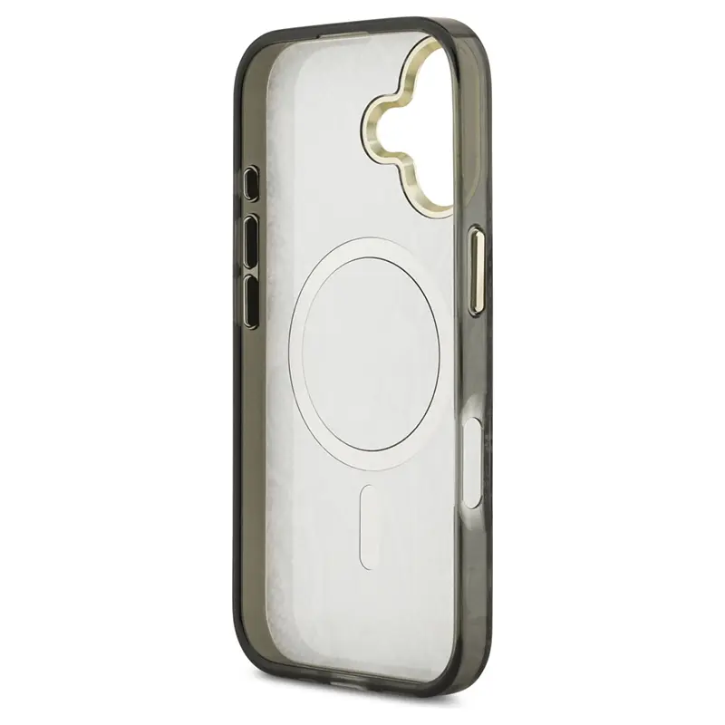 Coque MagSafe GUESS Python marron pour iPhone 17 vue intérieure avec cercle aimanté.