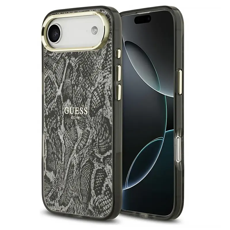 Coque MagSafe GUESS Python noir pour iPhone Air vue avant et arrière.