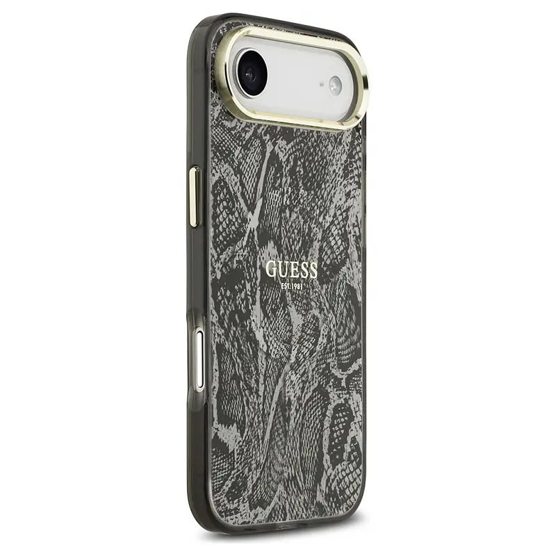 Coque MagSafe GUESS Python marron pour iPhone Air vue latérale et arrière.