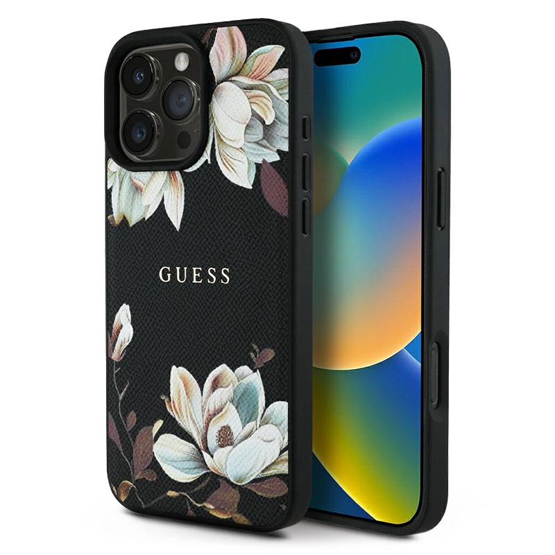Coque MagSafe GUESS Fleurs Imprimées sur Monogramme 4G pour iPhone 16 Pro Max