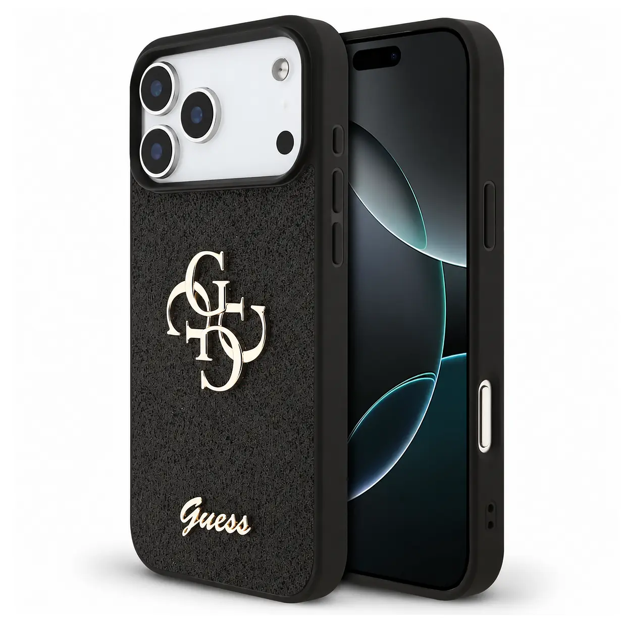 Coque GUESS Glitter Big 4G noire, vue avec iPhone