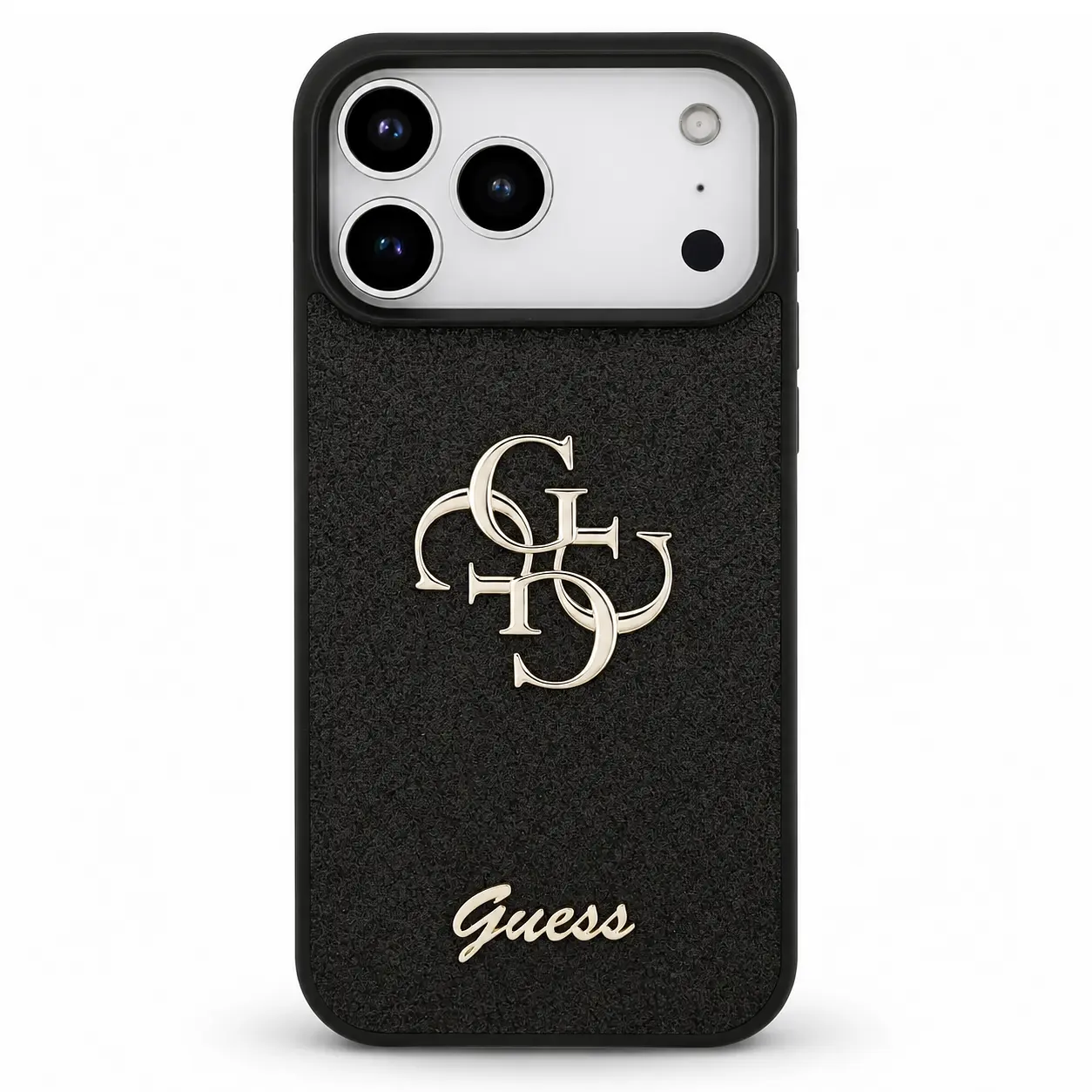 Coque GUESS Glitter Big 4G noire, vue arrière et monogramme doré