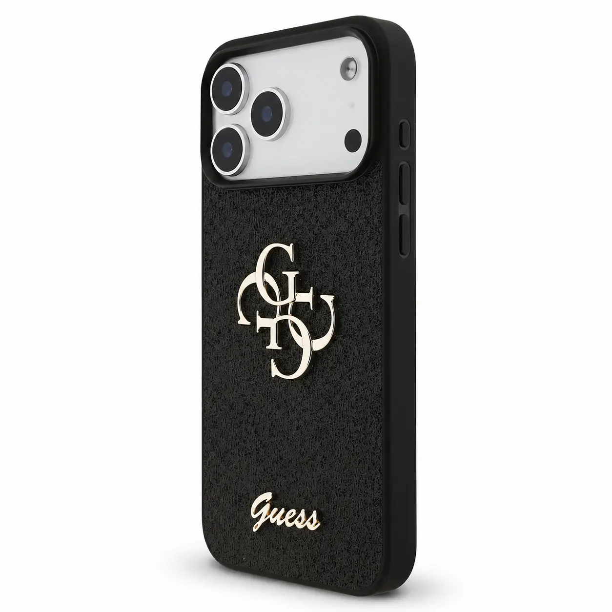 Coque GUESS Glitter Big 4G noire, vue latérale