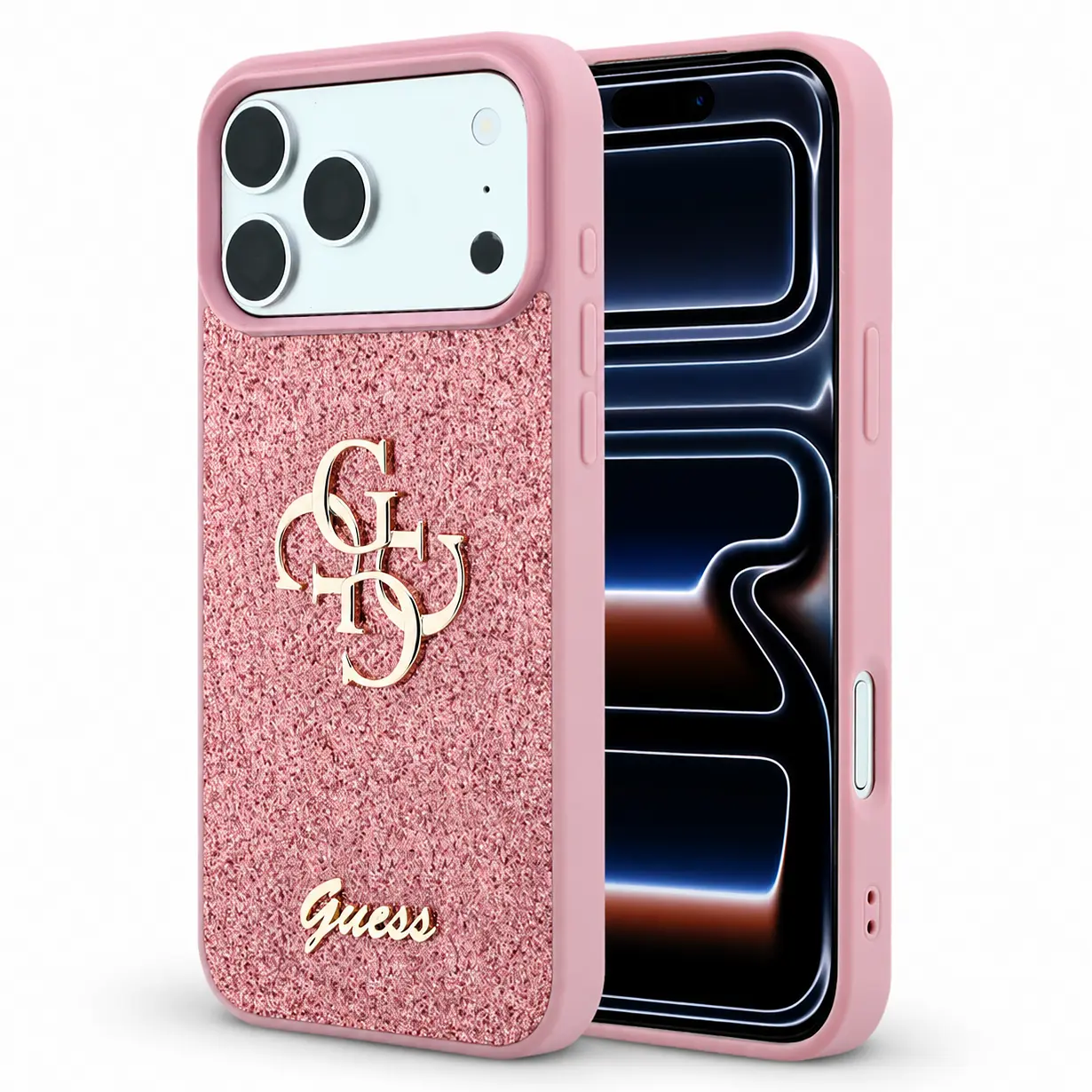 Coque GUESS Glitter Big 4G rose, vue avec iPhone
