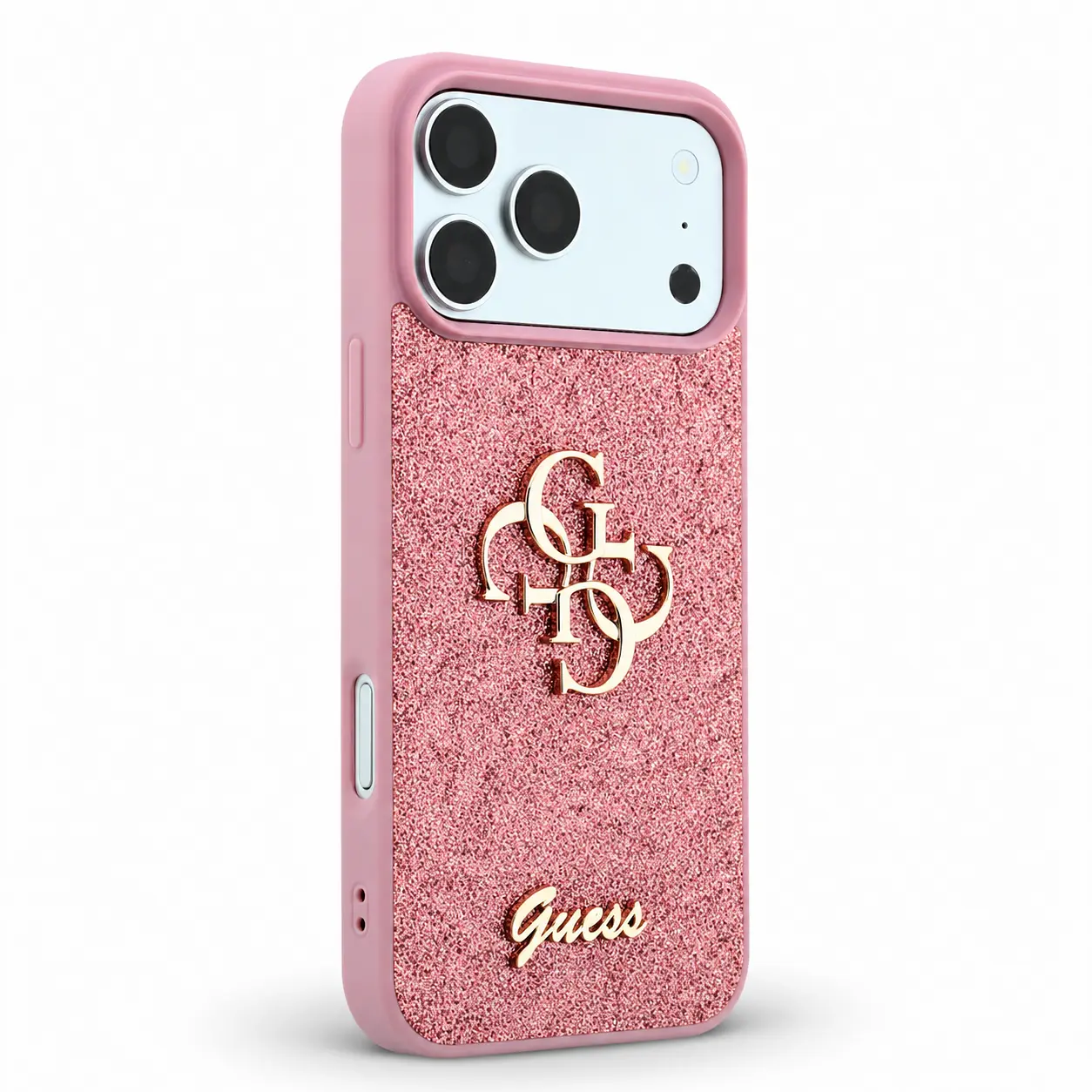 Coque GUESS Glitter Big 4G rose, vue trois quarts