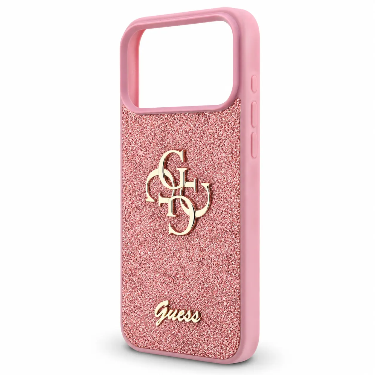 Coque GUESS Glitter Big 4G rose, vue de profil sans téléphone