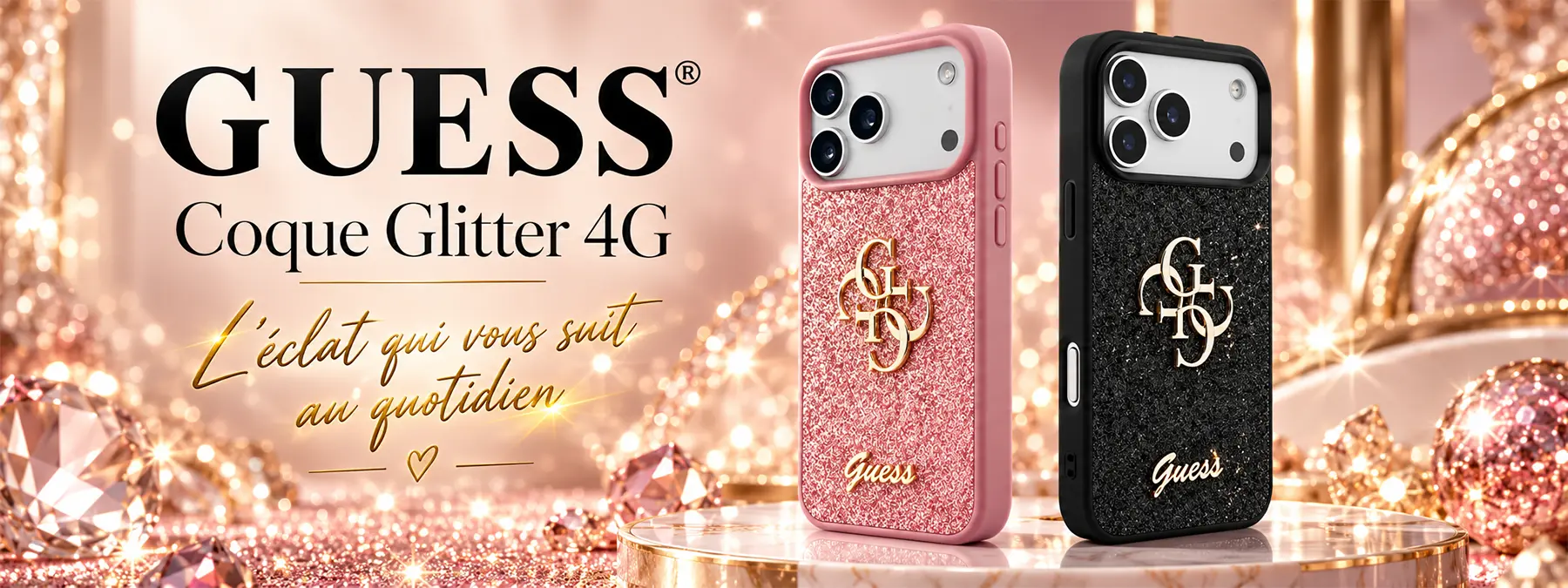 GUESS Glitter Big 4G : coques rose scintillant et noir pour iPhone 18 Pro Max