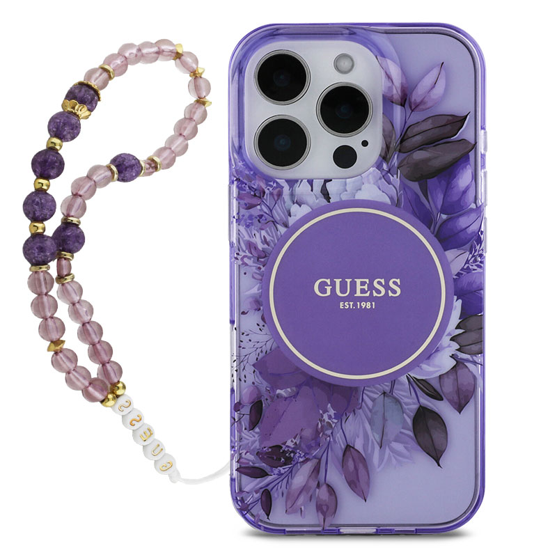 Coque MagSafe Translucide GUESS IML Flowers avec Sangle Perlée Amovible pour iPhone 16 Pro Max