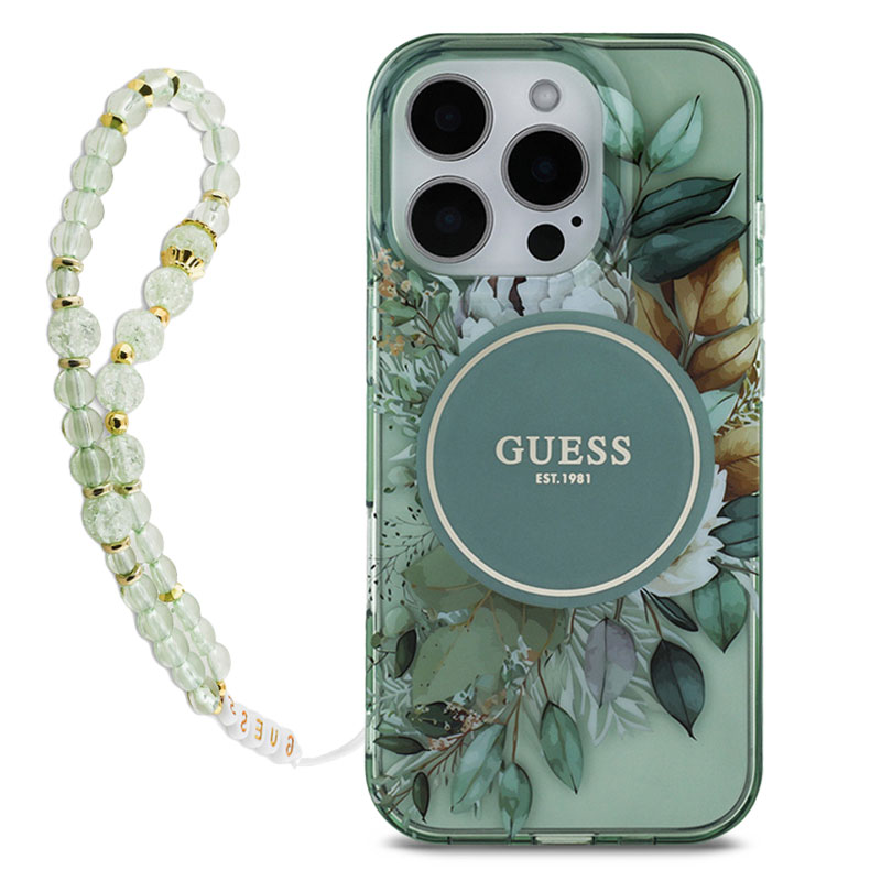 Coque MagSafe Translucide GUESS IML Flowers avec Sangle Perlée Amovible pour iPhone 16 Pro Max