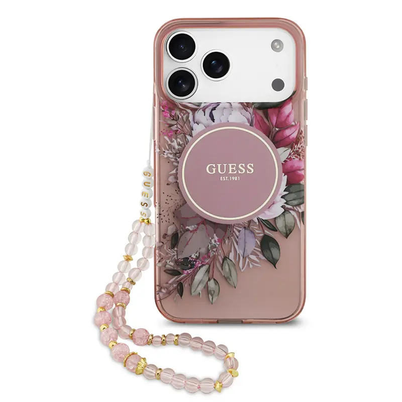 Coque MagSafe GUESS IML Flowers avec Sangle Perlée Amovible pour iPhone 17 Pro Max