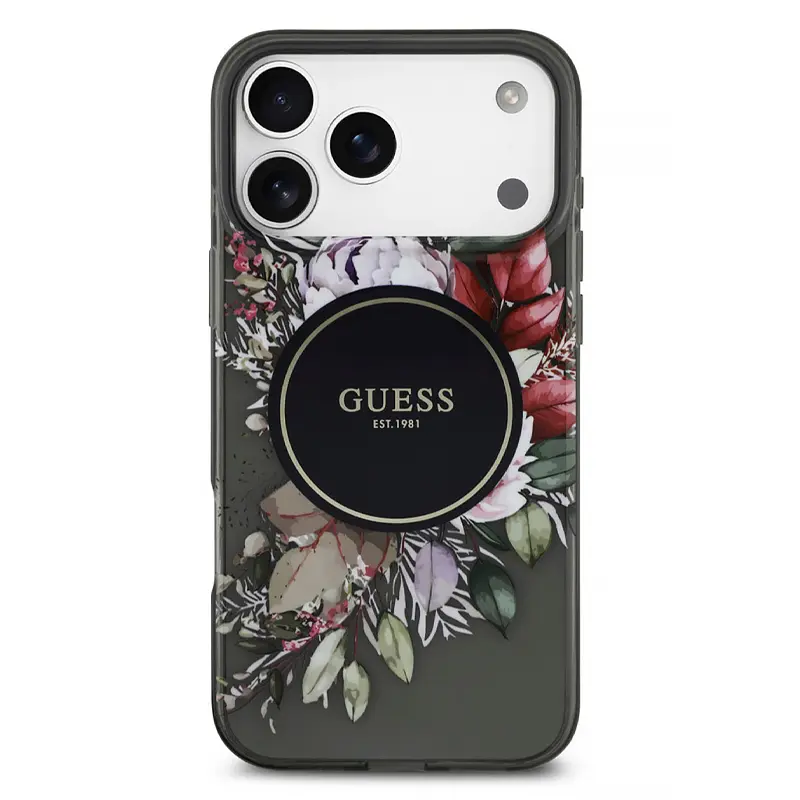 Coque MagSafe GUESS IML Flowers avec Sangle Perlée Amovible pour iPhone 17 Pro Max