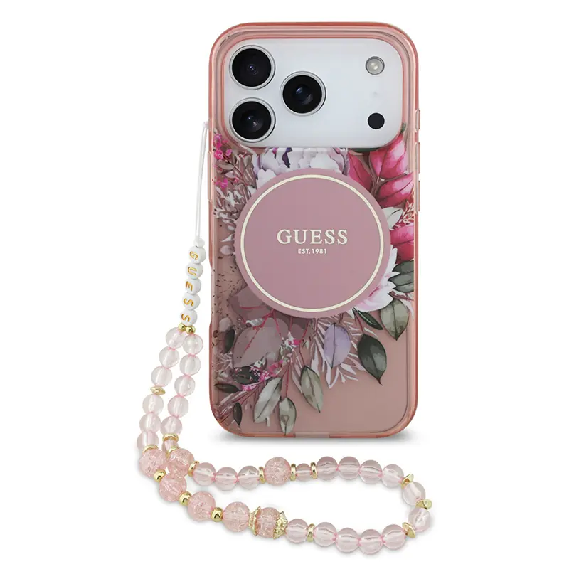 Coque MagSafe GUESS IML Flowers avec Sangle Perlée Amovible pour iPhone 17 Pro