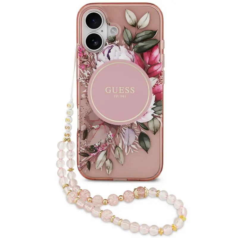 Coque MagSafe GUESS IML Flowers avec Sangle Perlée Amovible pour iPhone 17