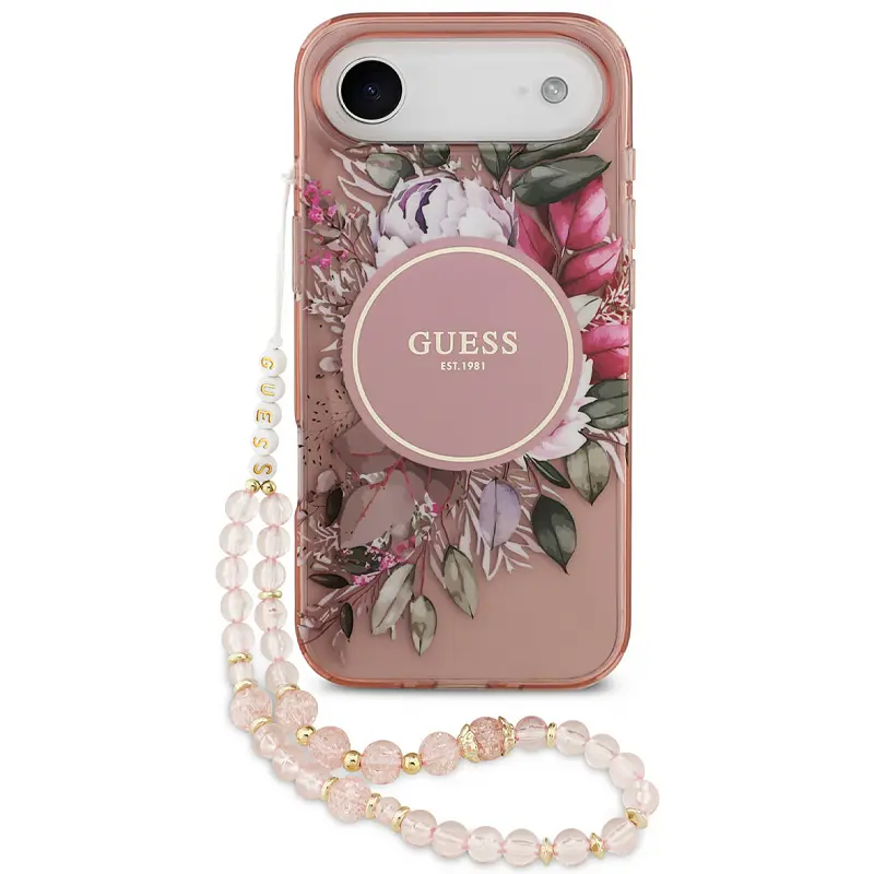 Coque MagSafe GUESS IML Flowers avec Sangle Perlée Amovible pour iPhone Air